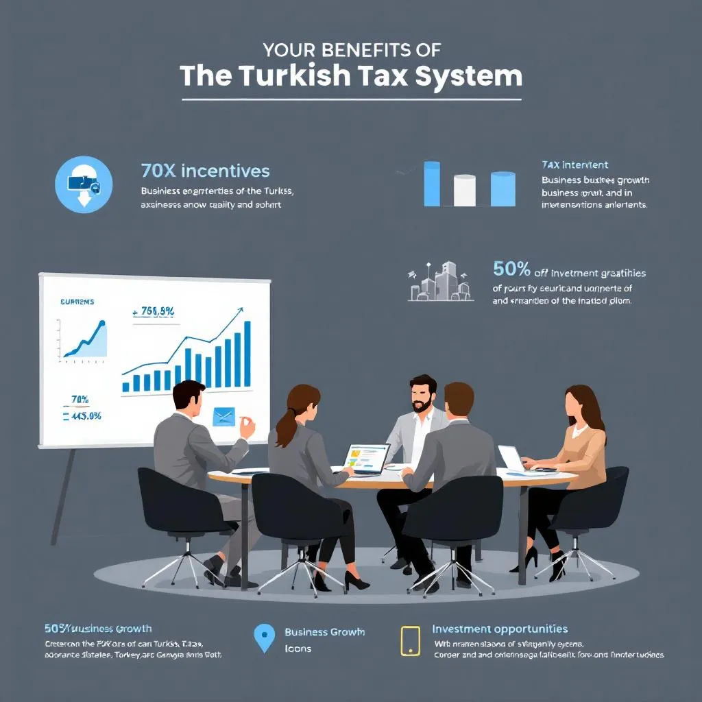 Türk vergi sistemindeki avantajları gösteren grafikler ve iş insanları toplantısı