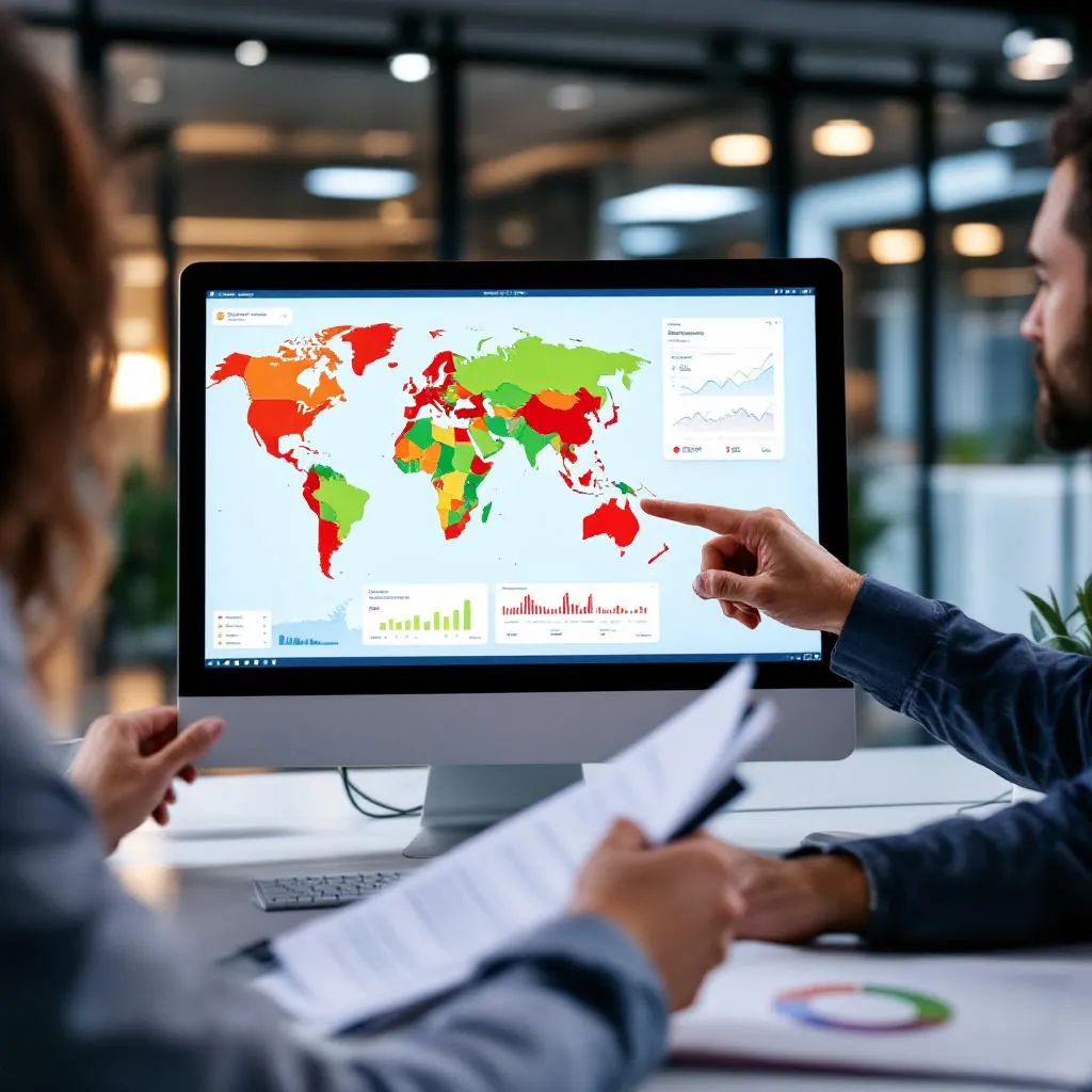 Ülke risk analizini gösteren grafik ve haritalar üzerinde çalışan finansal analistler